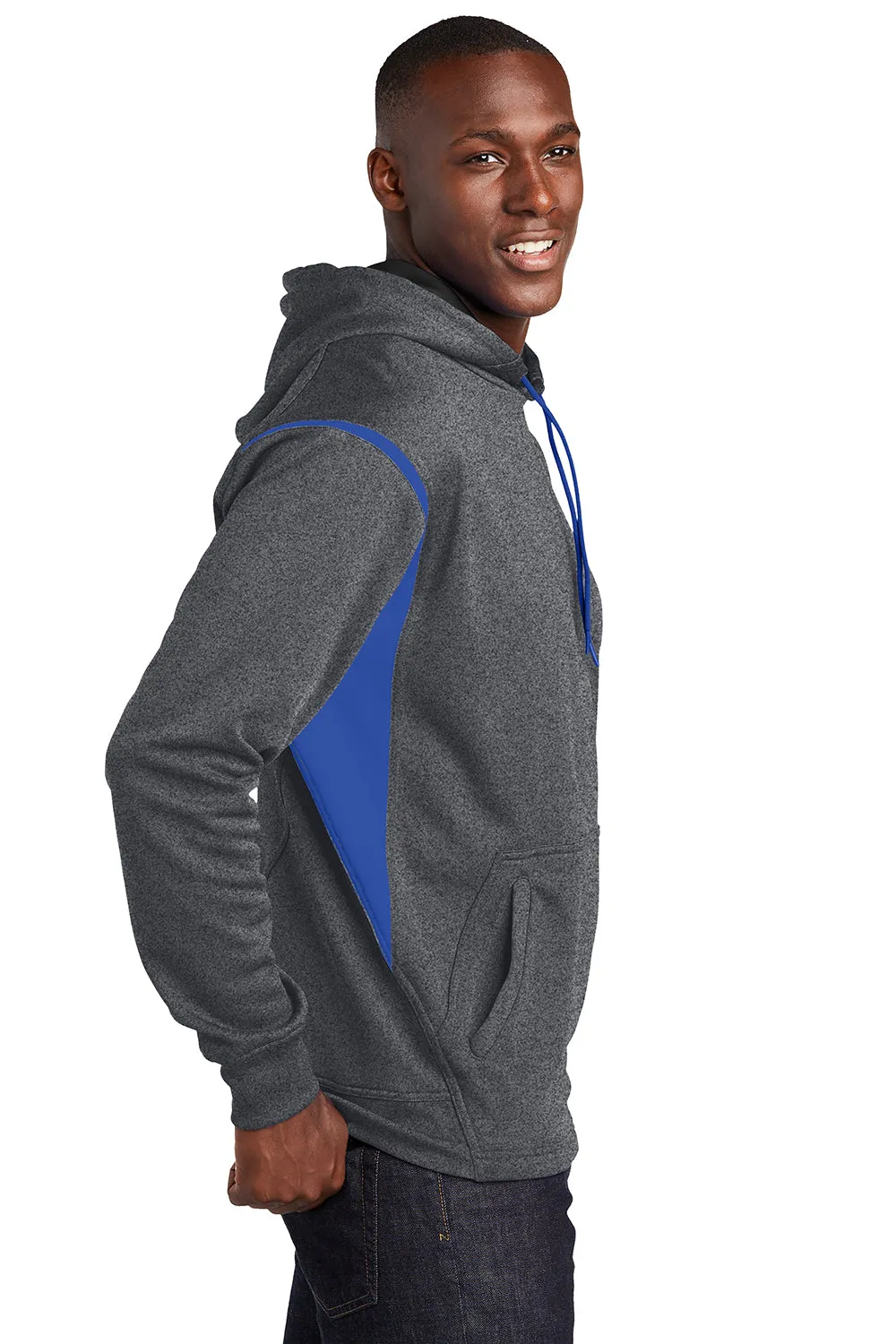 Sport-Tek Mens Tech Moisture Wicking Fleece Hooded Sweatshirt Hoodie w/ Pouch Pocket - Heather Graphite Grey/True Royal Blue