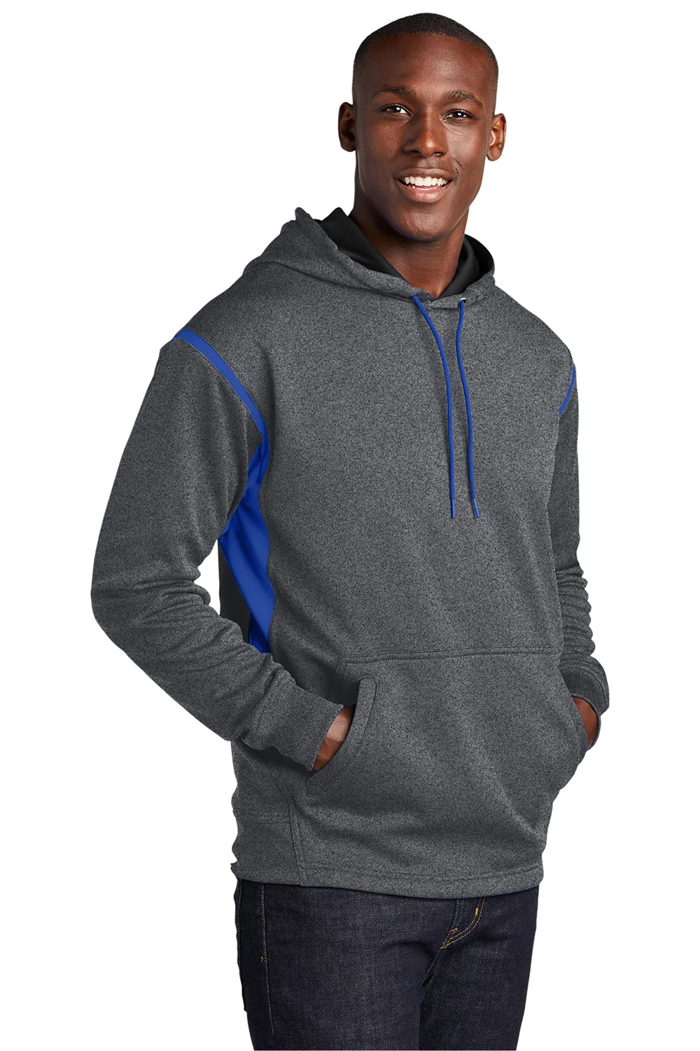 Sport-Tek Mens Tech Moisture Wicking Fleece Hooded Sweatshirt Hoodie w/ Pouch Pocket - Heather Graphite Grey/True Royal Blue