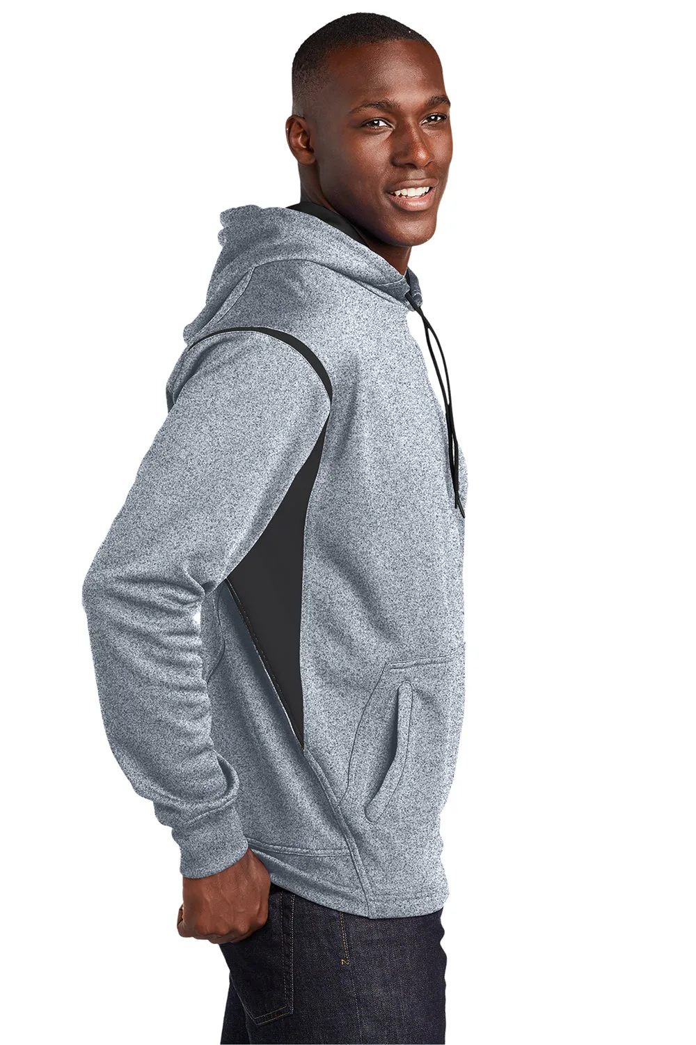 Sport-Tek Mens Tech Moisture Wicking Fleece Hooded Sweatshirt Hoodie w/ Pouch Pocket - Heather Grey/Black Clothing Sport-Tek