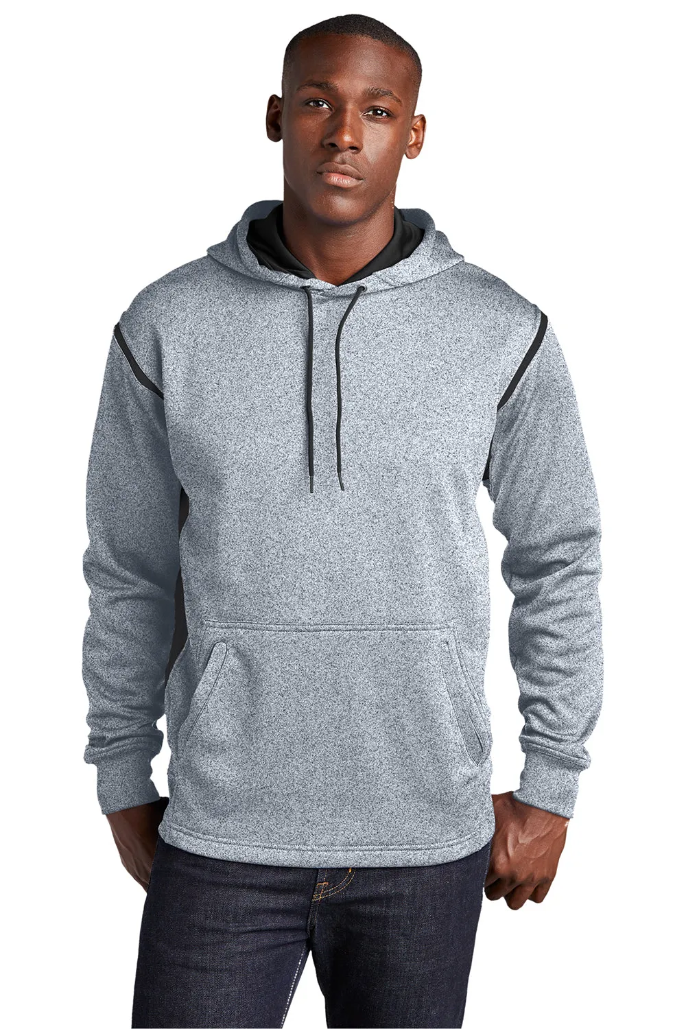 Sport-Tek Mens Tech Moisture Wicking Fleece Hooded Sweatshirt Hoodie w/ Pouch Pocket - Heather Grey/Black Clothing Sport-Tek