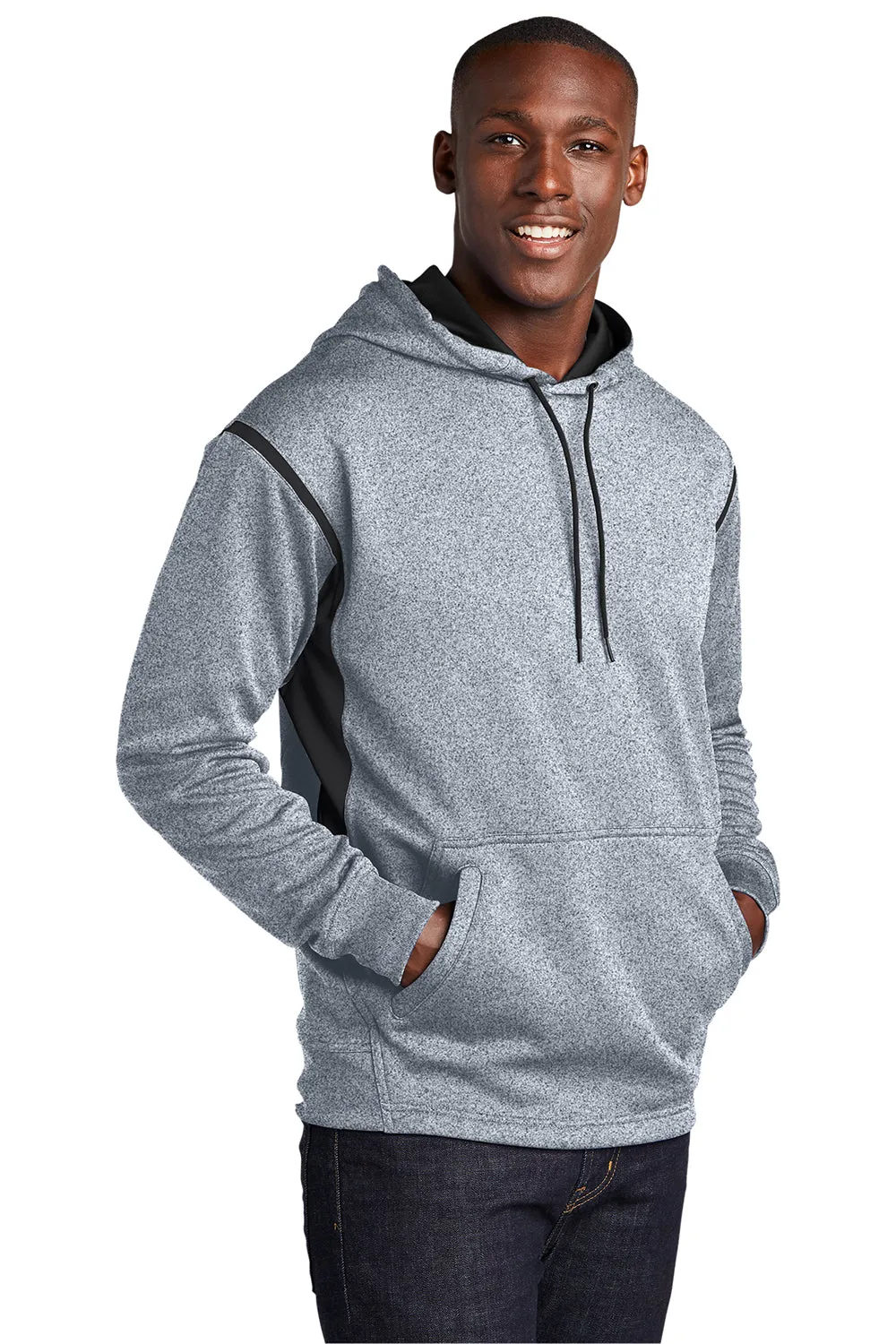 Sport-Tek Mens Tech Moisture Wicking Fleece Hooded Sweatshirt Hoodie w/ Pouch Pocket - Heather Grey/Black Clothing Sport-Tek