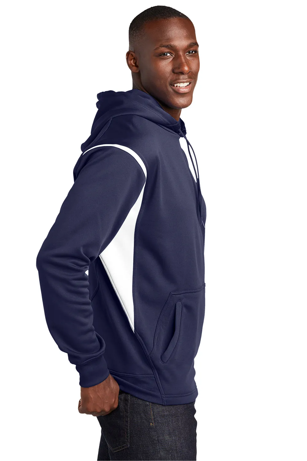 Sport-Tek Mens Tech Moisture Wicking Fleece Hooded Sweatshirt Hoodie w/ Pouch Pocket - True Navy Blue/White Clothing Sport-Tek