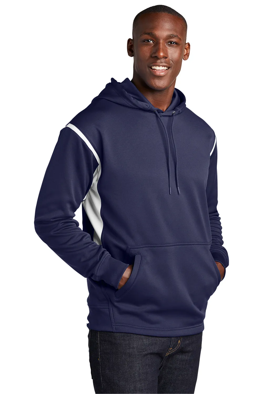 Sport-Tek Mens Tech Moisture Wicking Fleece Hooded Sweatshirt Hoodie w/ Pouch Pocket - True Navy Blue/White Clothing Sport-Tek