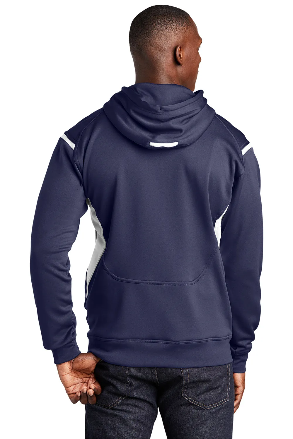Sport-Tek Mens Tech Moisture Wicking Fleece Hooded Sweatshirt Hoodie w/ Pouch Pocket - True Navy Blue/White Clothing Sport-Tek