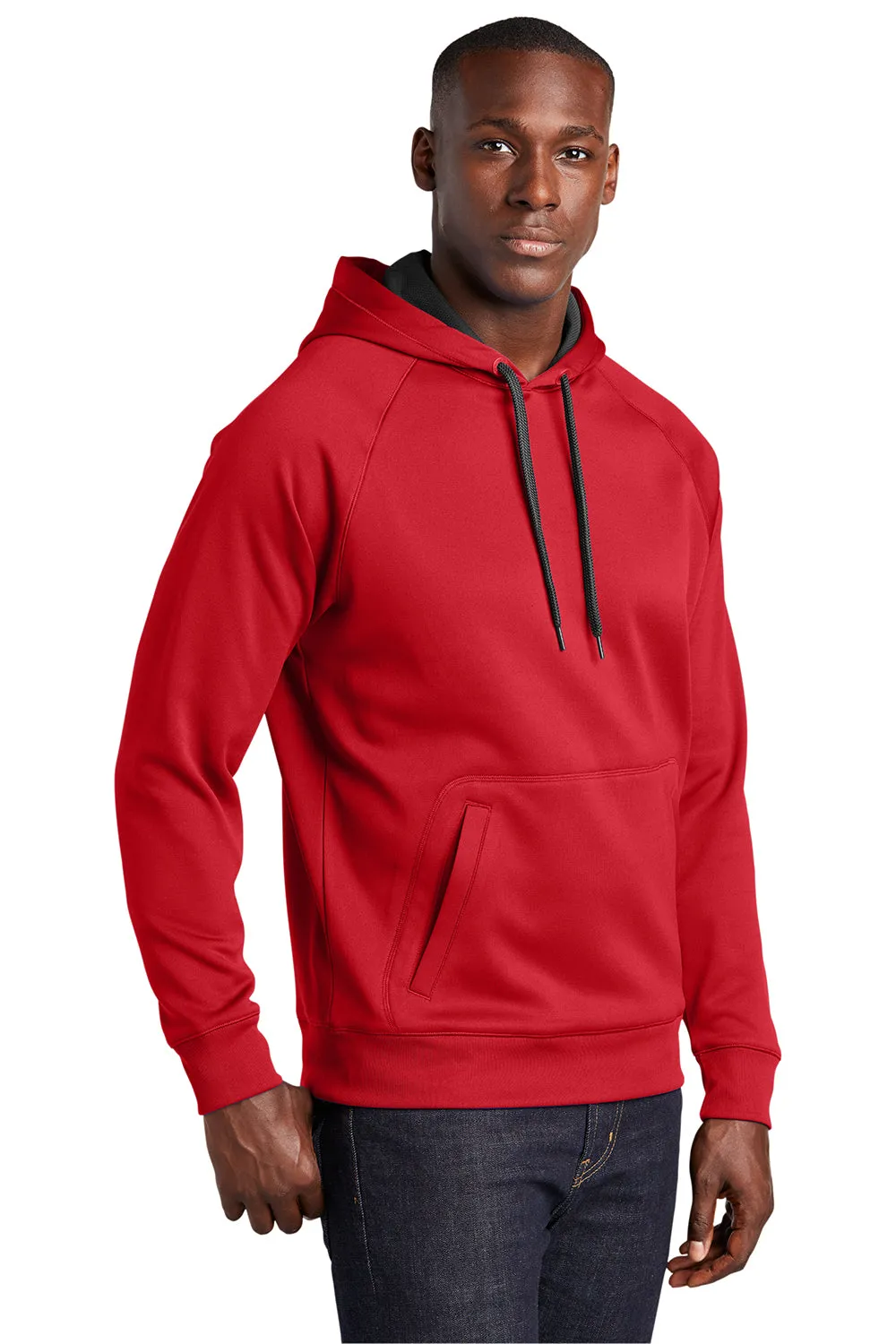Sport-Tek Mens Tech Moisture Wicking Fleece Hooded Sweatshirt Hoodie w/ Pouch Pocket - True Red