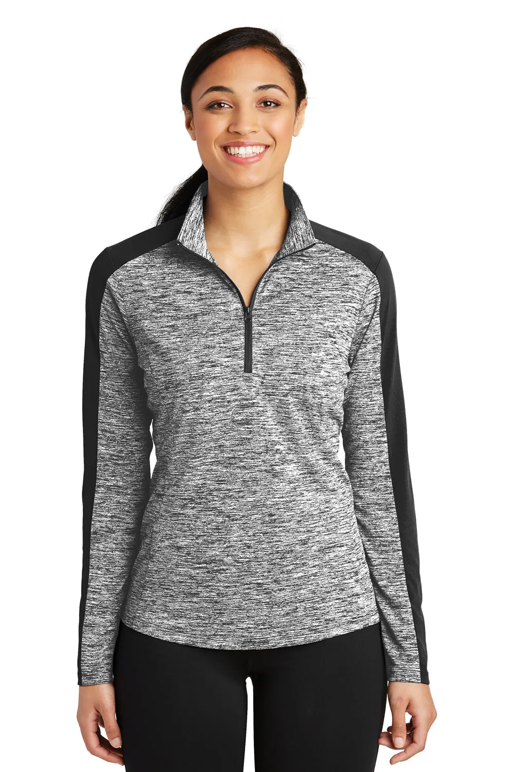 Sport-Tek Womens Electric Heather Moisture Wicking 1/4 Zip Sweatshirt - Black Electric/Black