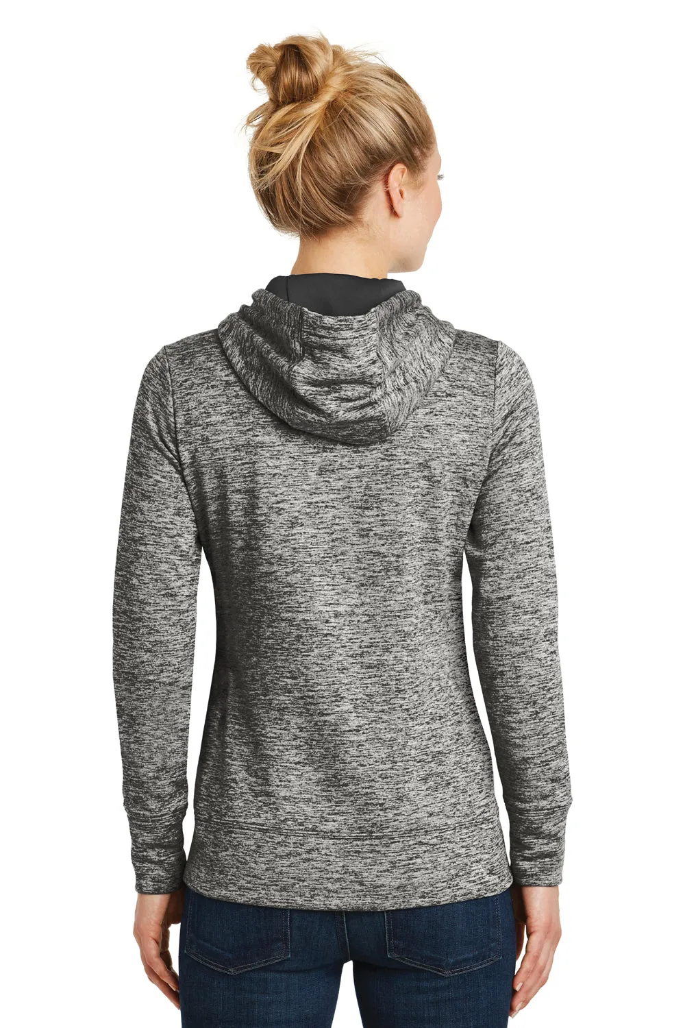 Sport-Tek Womens Electric Heather Moisture Wicking Fleece Hooded Sweatshirt Hoodie w/ Pouch Pocket - Black Electric - Closeout