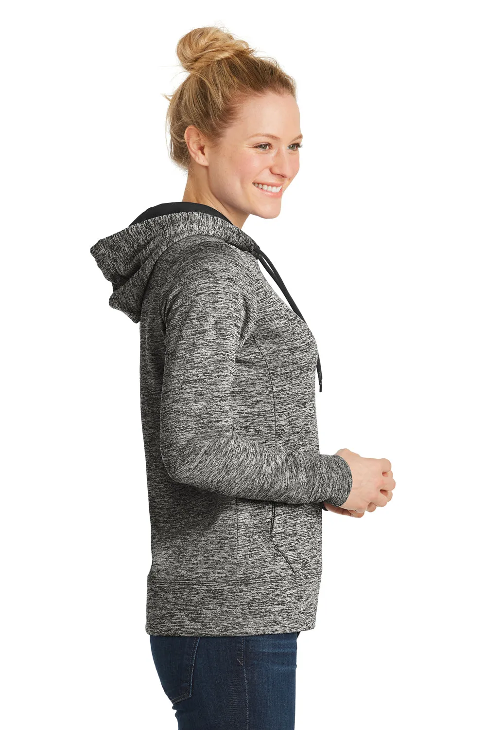 Sport-Tek Womens Electric Heather Moisture Wicking Fleece Hooded Sweatshirt Hoodie w/ Pouch Pocket - Black Electric - Closeout