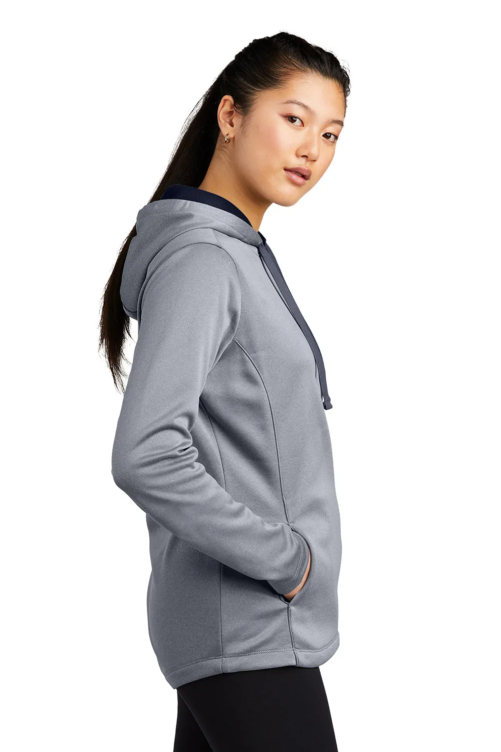 Sport-Tek Womens Heather Sport-Wick Moisture Wicking Fleece Hooded Sweatshirt Hoodie w/ Pouch Pocket - Heather True Navy Blue