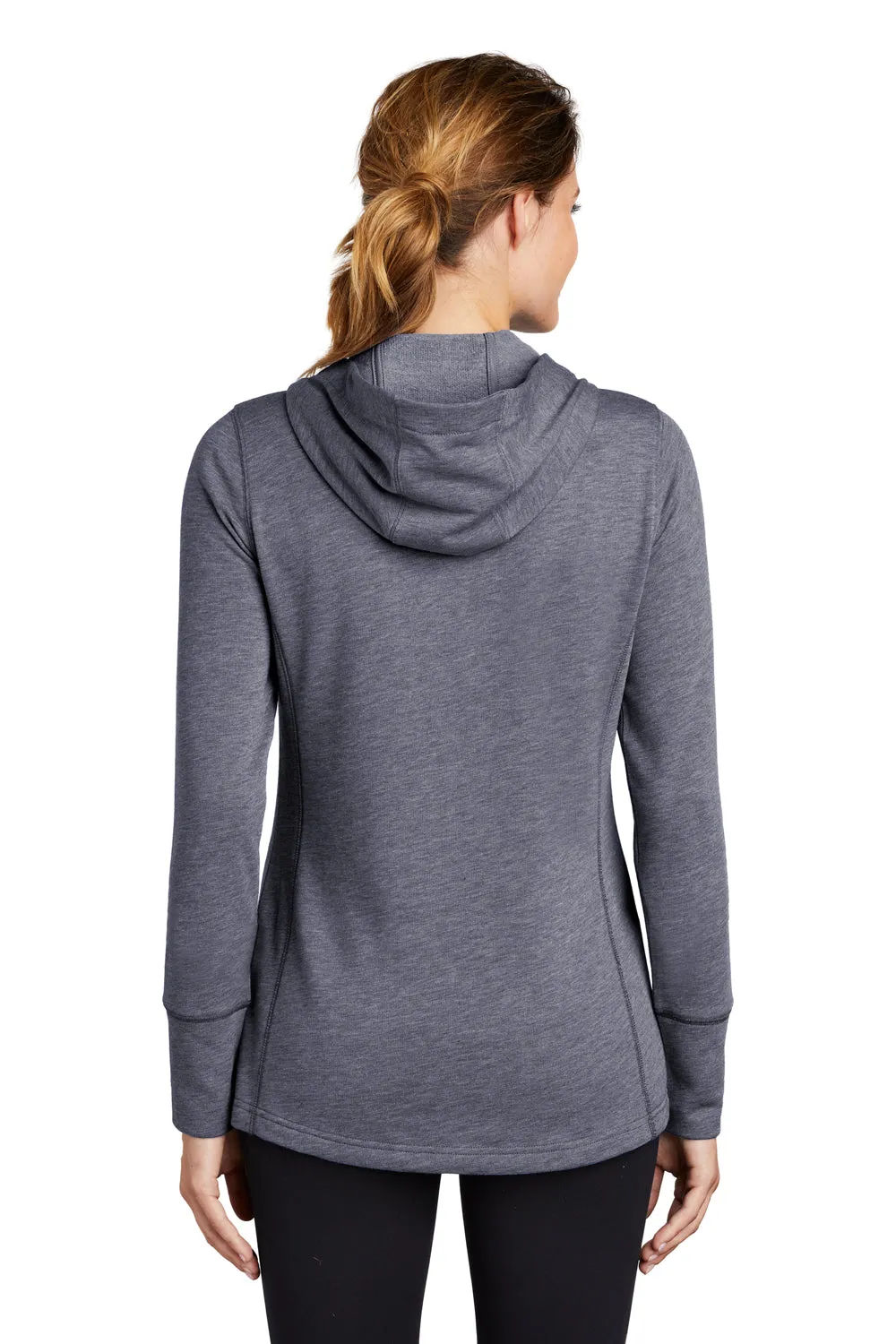 Sport-Tek Womens Moisture Wicking Fleece Hooded Sweatshirt Hoodie w/ Pouch Pocket - Heather True Navy Blue - Closeout