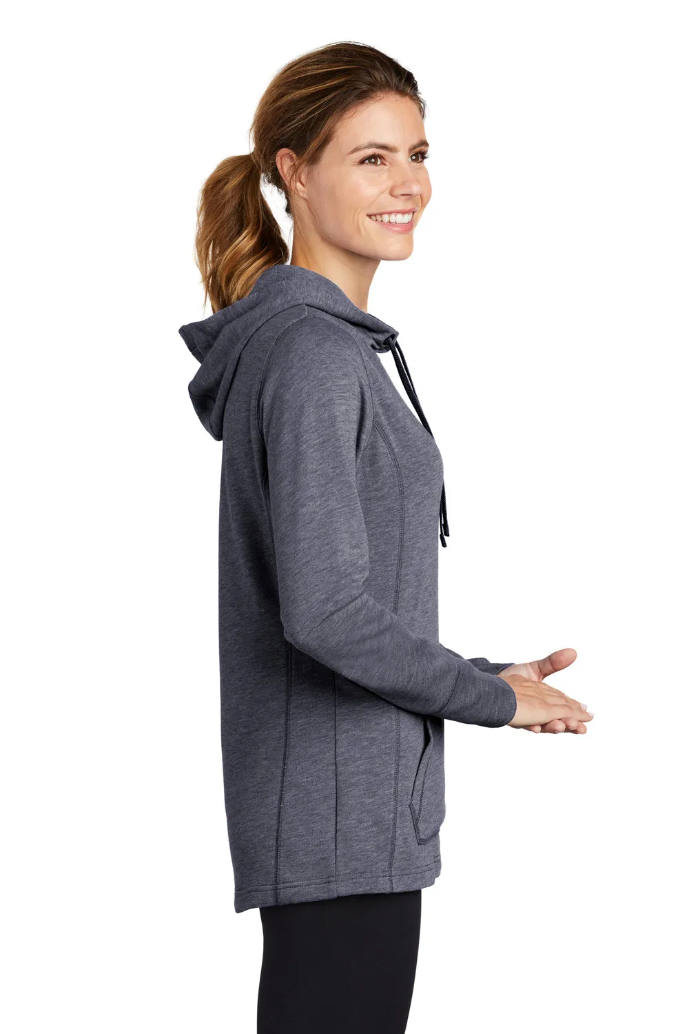 Sport-Tek Womens Moisture Wicking Fleece Hooded Sweatshirt Hoodie w/ Pouch Pocket - Heather True Navy Blue - Closeout