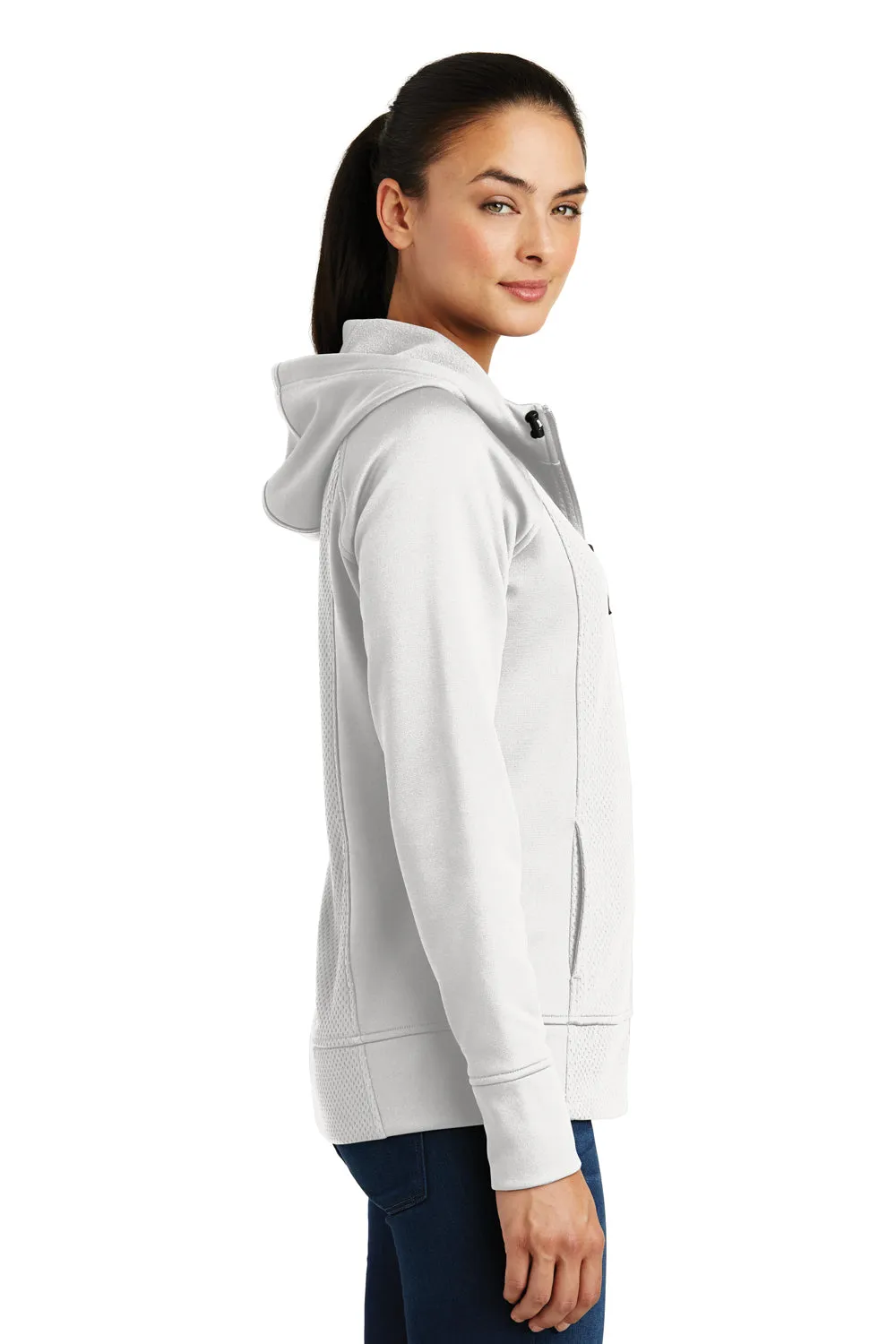 Sport-Tek Womens Rival Tech Moisture Wicking Fleece Full Zip Hooded Sweatshirt Hoodie w/ Pockets - White - Closeout