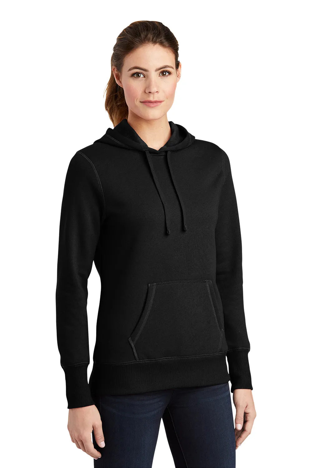 Sport-Tek Womens Shrink Resistant Fleece Hooded Sweatshirt Hoodie w/ Pouch Pocket - Black