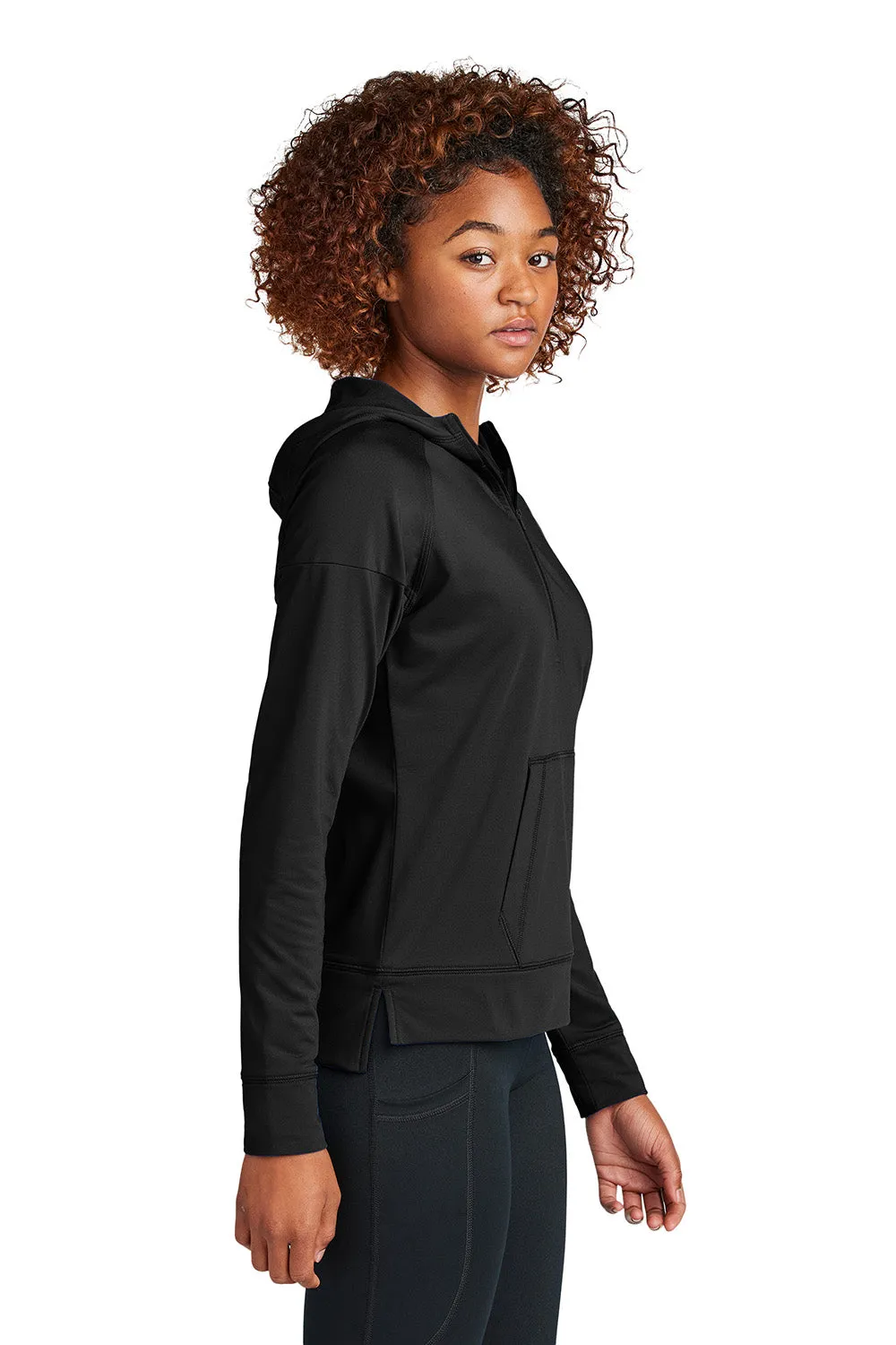 Sport-Tek Womens Sport-Wick Moisture Wicking 1/4 Zip Hooded Sweatshirt Hoodie w/ Pouch Pocket - Black