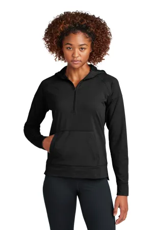 Sport-Tek Womens Sport-Wick Moisture Wicking 1/4 Zip Hooded Sweatshirt Hoodie w/ Pouch Pocket - Black