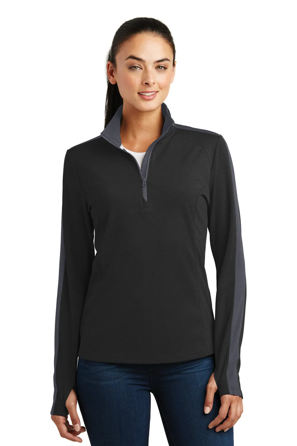 Sport-Tek Womens Sport-Wick Moisture Wicking 1/4 Zip Sweatshirt - Black/Iron Grey - Closeout Clothing Sport-Tek