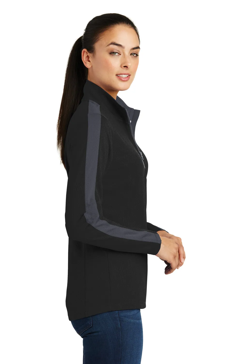Sport-Tek Womens Sport-Wick Moisture Wicking 1/4 Zip Sweatshirt - Black/Iron Grey - Closeout Clothing Sport-Tek