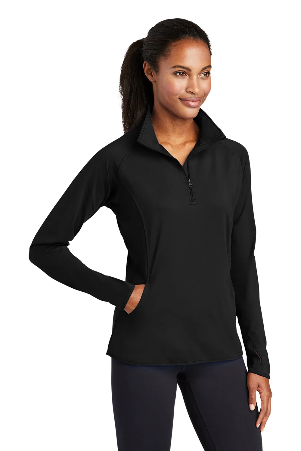 Sport-Tek Womens Sport-Wick Moisture Wicking 1/4 Zip Sweatshirt w/ Pouch Pocket - Black
