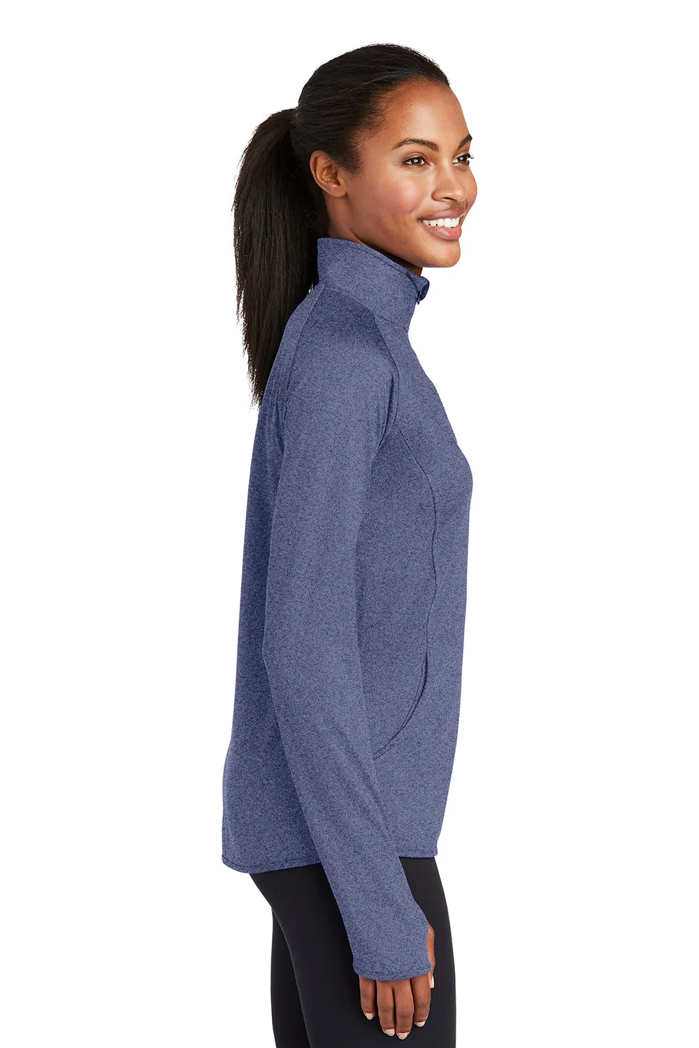 Sport-Tek Womens Sport-Wick Moisture Wicking 1/4 Zip Sweatshirt w/ Pouch Pocket - Heather True Navy Blue