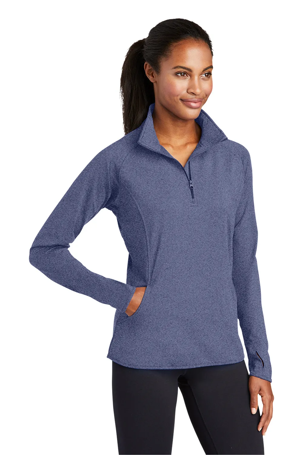 Sport-Tek Womens Sport-Wick Moisture Wicking 1/4 Zip Sweatshirt w/ Pouch Pocket - Heather True Navy Blue