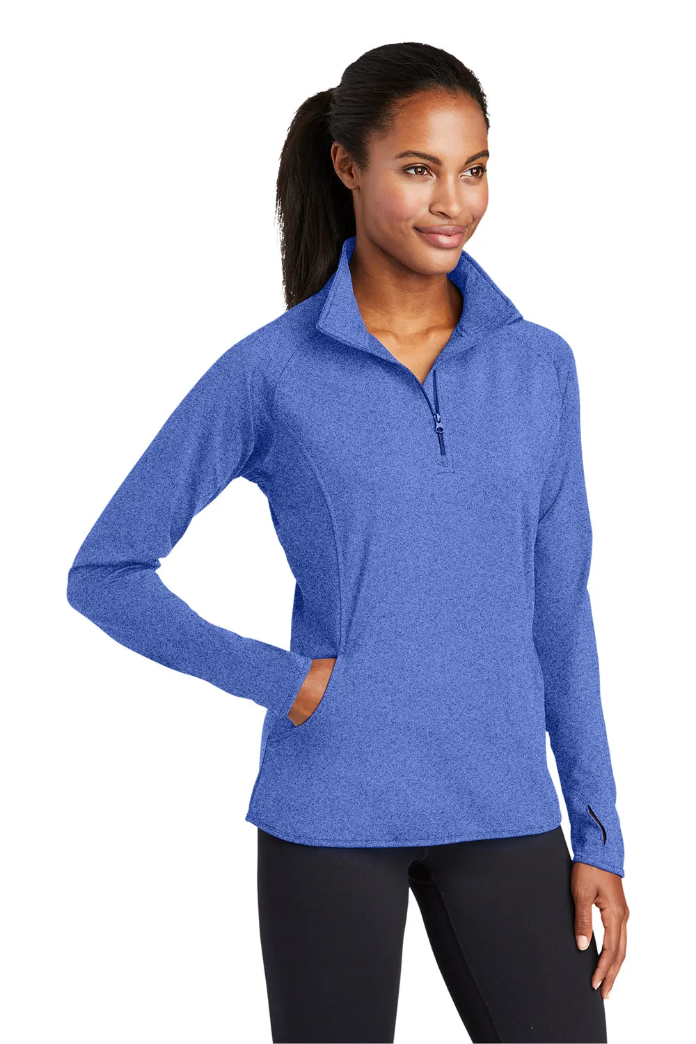 Sport-Tek Womens Sport-Wick Moisture Wicking 1/4 Zip Sweatshirt w/ Pouch Pocket - Heather True Royal Blue