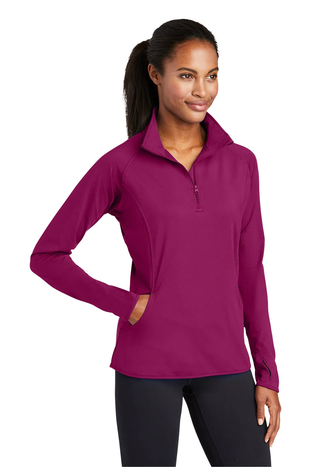 Sport-Tek Womens Sport-Wick Moisture Wicking 1/4 Zip Sweatshirt w/ Pouch Pocket - Pink Rush