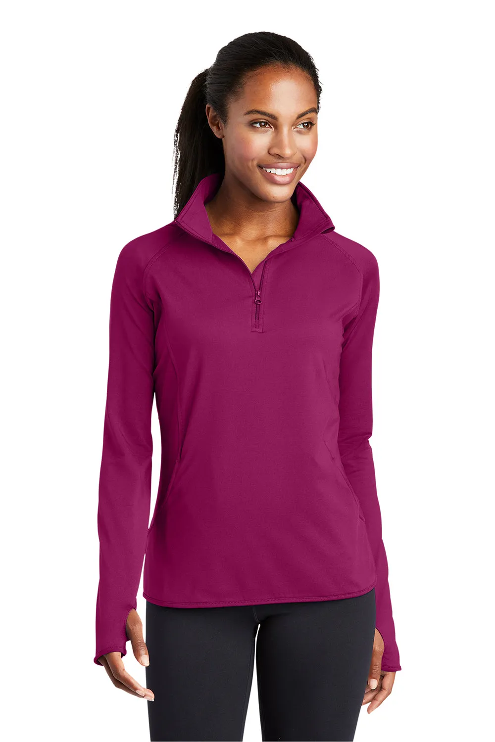 Sport-Tek Womens Sport-Wick Moisture Wicking 1/4 Zip Sweatshirt w/ Pouch Pocket - Pink Rush