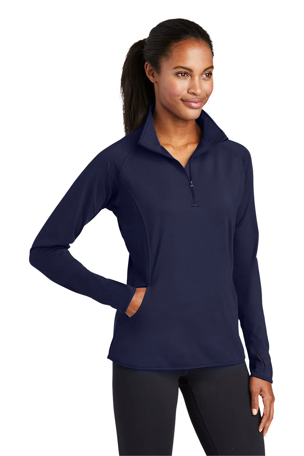 Sport-Tek Womens Sport-Wick Moisture Wicking 1/4 Zip Sweatshirt w/ Pouch Pocket - True Navy Blue