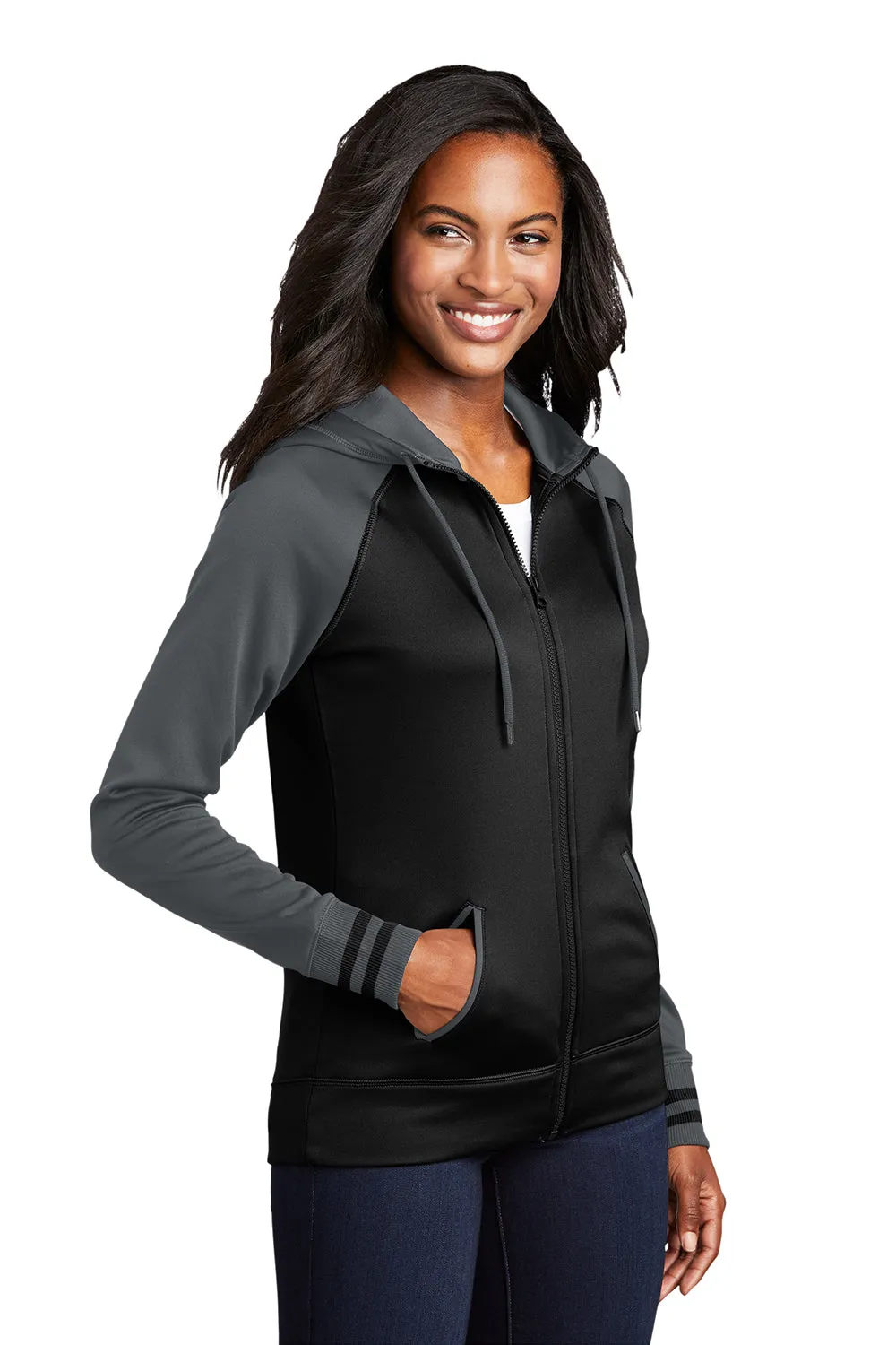 Sport-Tek Womens Sport-Wick Moisture Wicking Fleece Hooded Sweatshirt Hoodie w/ Pockets - Black/Dark Smoke Grey