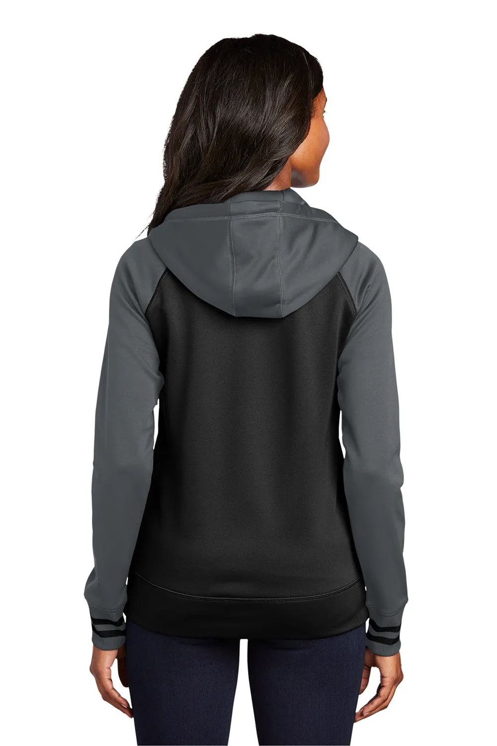 Sport-Tek Womens Sport-Wick Moisture Wicking Fleece Hooded Sweatshirt Hoodie w/ Pockets - Black/Dark Smoke Grey
