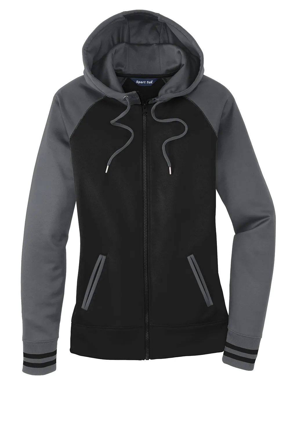 Sport-Tek Womens Sport-Wick Moisture Wicking Fleece Hooded Sweatshirt Hoodie w/ Pockets - Black/Dark Smoke Grey