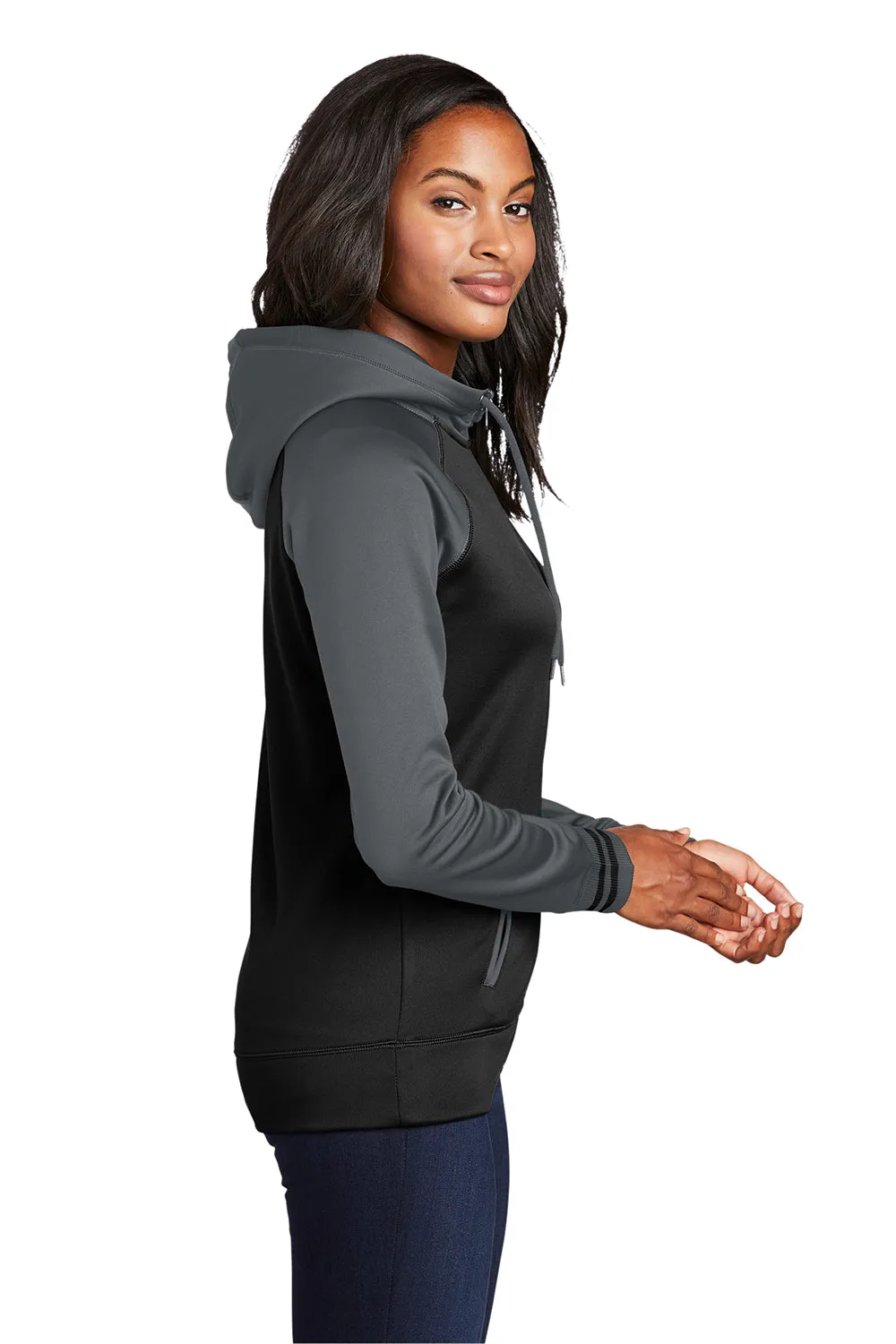 Sport-Tek Womens Sport-Wick Moisture Wicking Fleece Hooded Sweatshirt Hoodie w/ Pockets - Black/Dark Smoke Grey