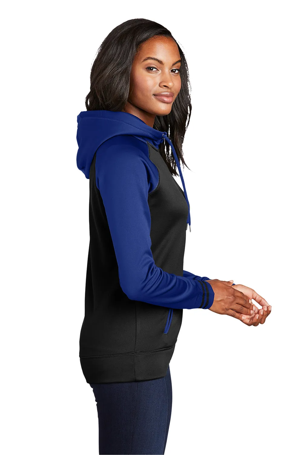 Sport-Tek Womens Sport-Wick Moisture Wicking Fleece Hooded Sweatshirt Hoodie w/ Pockets - Black/True Royal Blue