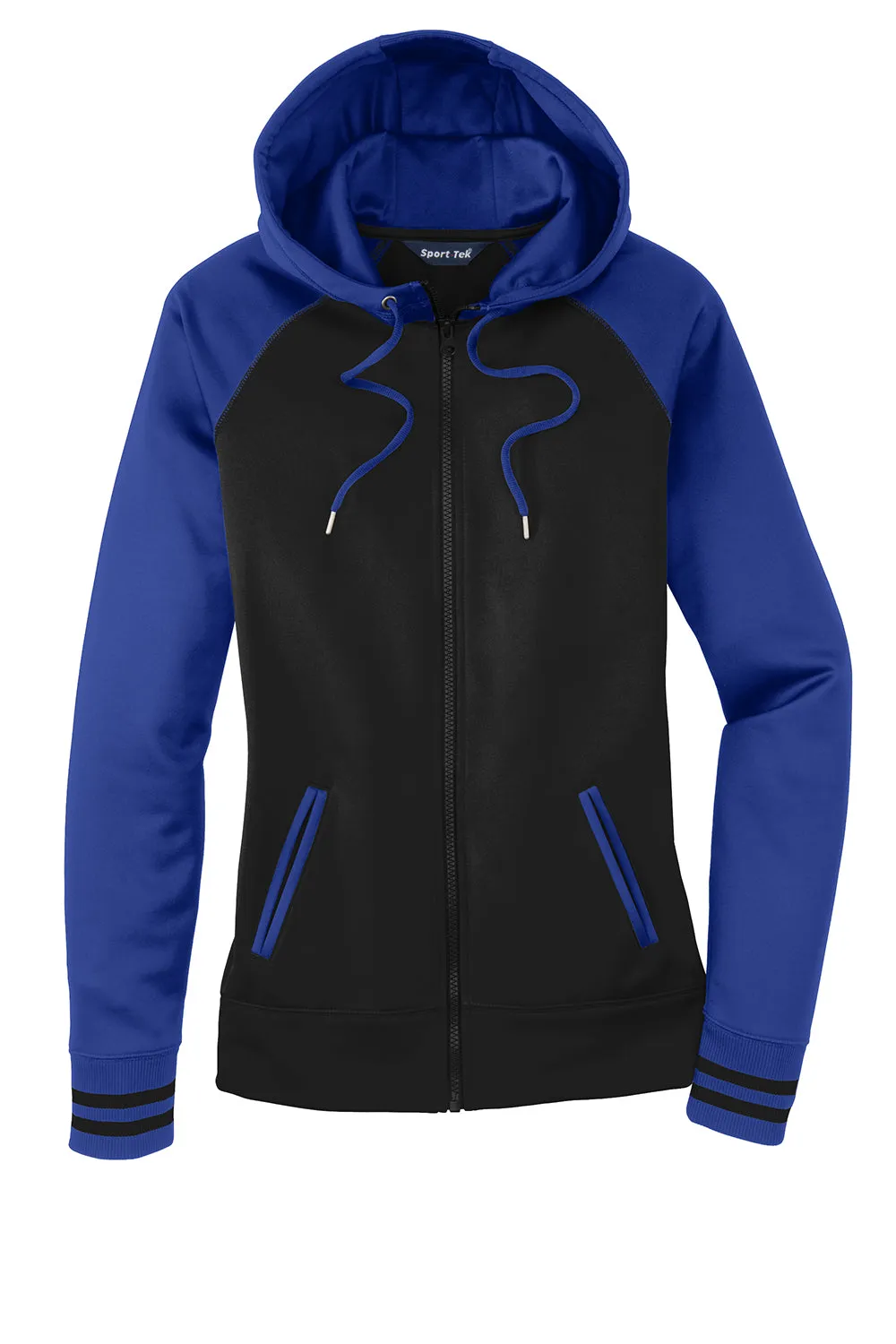 Sport-Tek Womens Sport-Wick Moisture Wicking Fleece Hooded Sweatshirt Hoodie w/ Pockets - Black/True Royal Blue