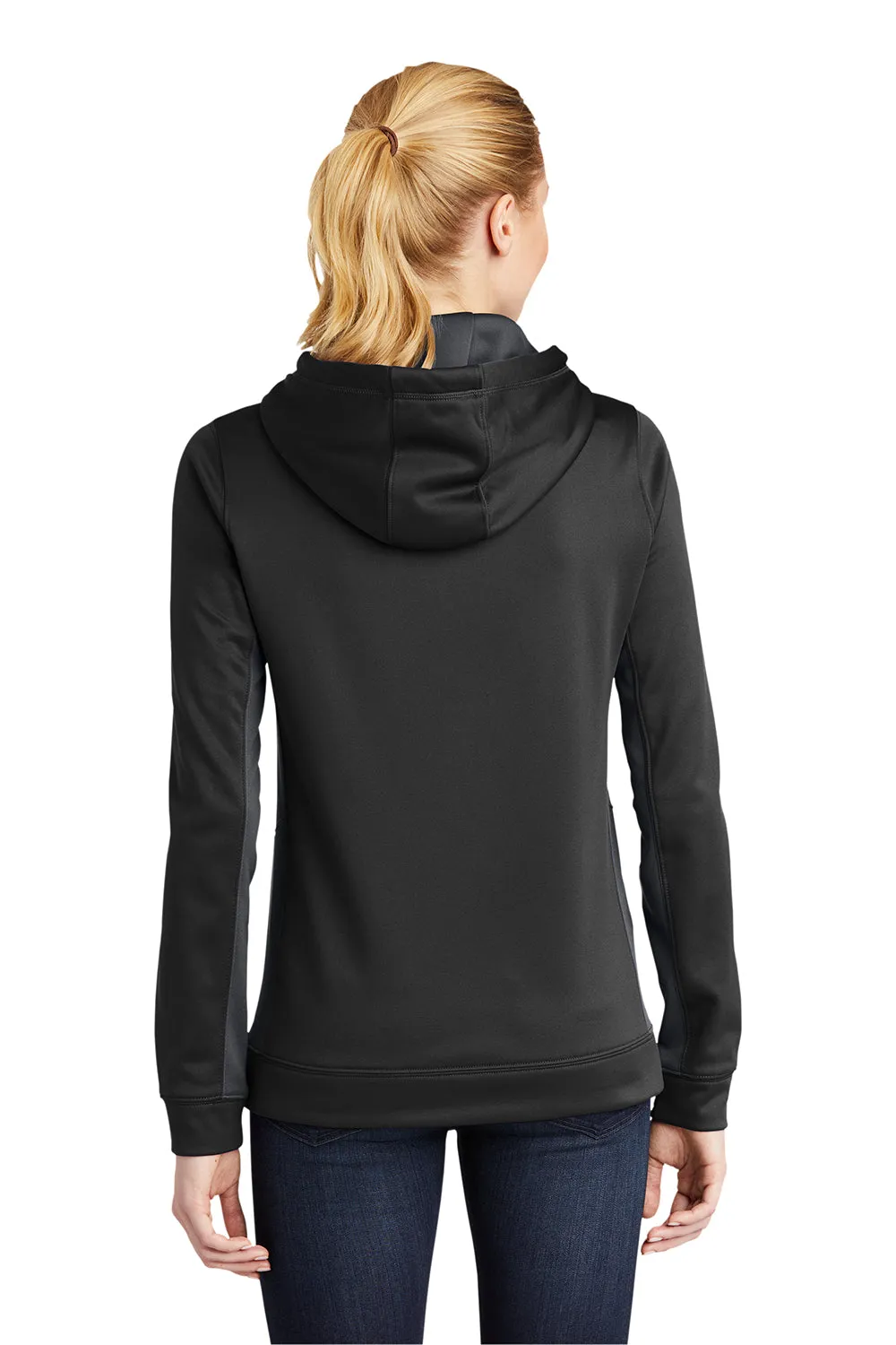 Sport-Tek Womens Sport-Wick Moisture Wicking Fleece Hooded Sweatshirt Hoodie w/ Pouch Pocket - Black/Dark Smoke Grey - Closeout