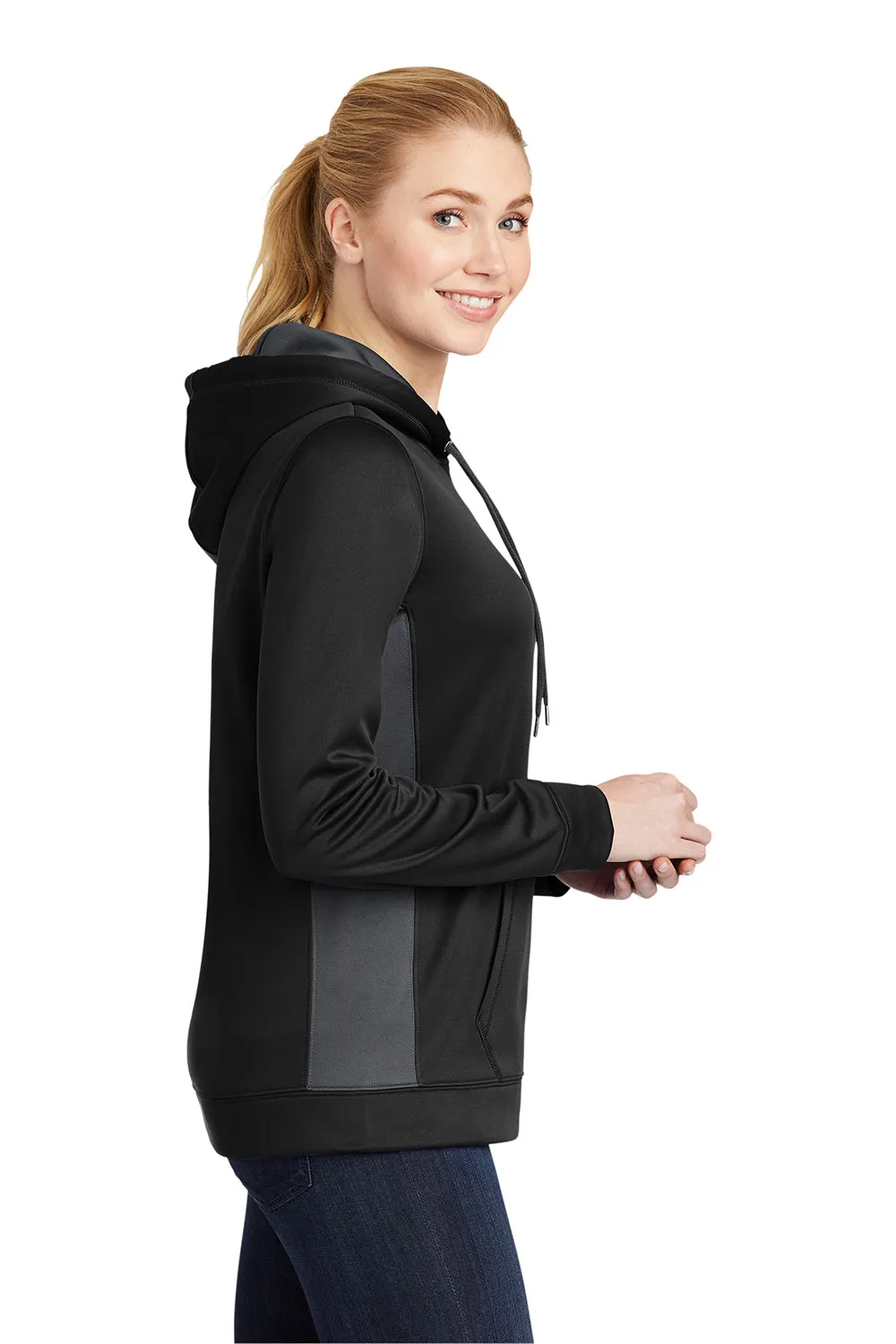 Sport-Tek Womens Sport-Wick Moisture Wicking Fleece Hooded Sweatshirt Hoodie w/ Pouch Pocket - Black/Dark Smoke Grey - Closeout
