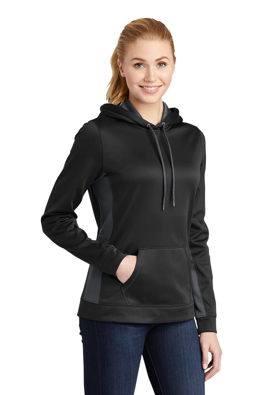 Sport-Tek Womens Sport-Wick Moisture Wicking Fleece Hooded Sweatshirt Hoodie w/ Pouch Pocket - Black/Dark Smoke Grey - Closeout