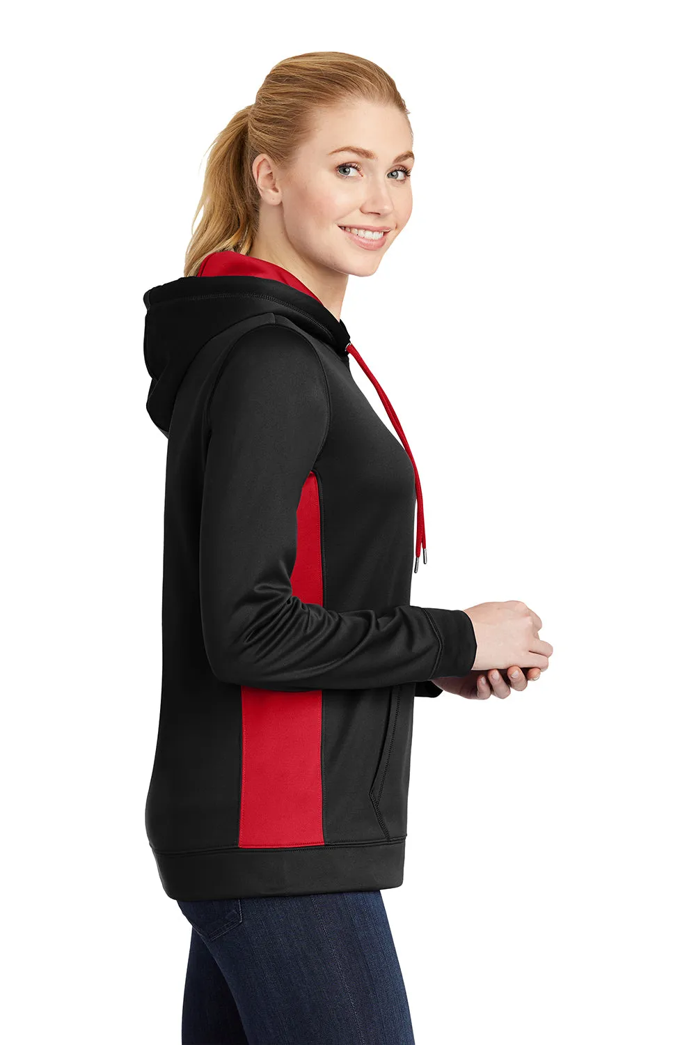Sport-Tek Womens Sport-Wick Moisture Wicking Fleece Hooded Sweatshirt Hoodie w/ Pouch Pocket - Black/Deep Red - Closeout Clothing Sport-Tek