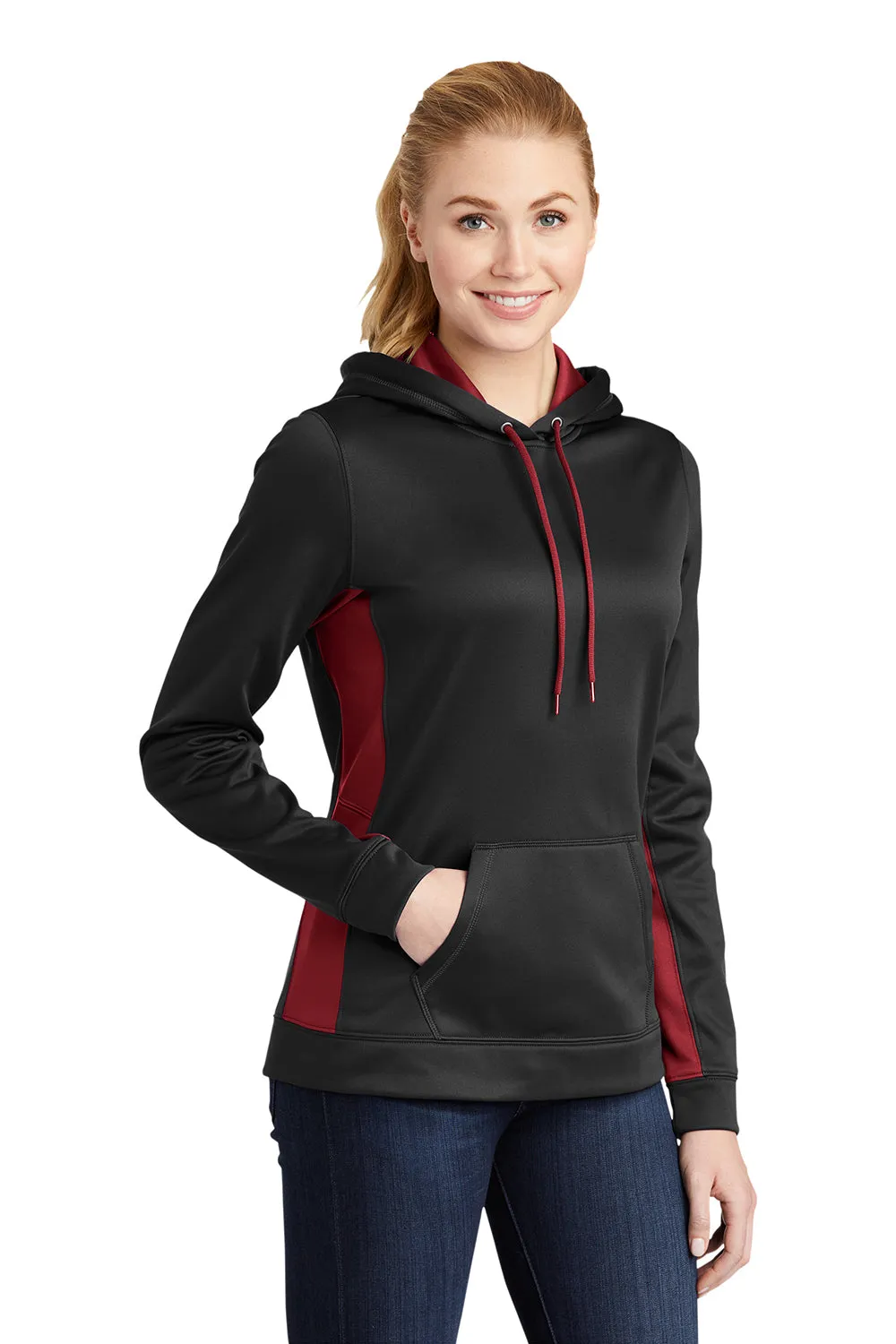 Sport-Tek Womens Sport-Wick Moisture Wicking Fleece Hooded Sweatshirt Hoodie w/ Pouch Pocket - Black/Deep Red - Closeout Clothing Sport-Tek