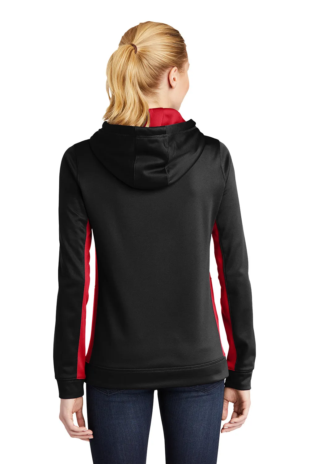 Sport-Tek Womens Sport-Wick Moisture Wicking Fleece Hooded Sweatshirt Hoodie w/ Pouch Pocket - Black/Deep Red - Closeout Clothing Sport-Tek