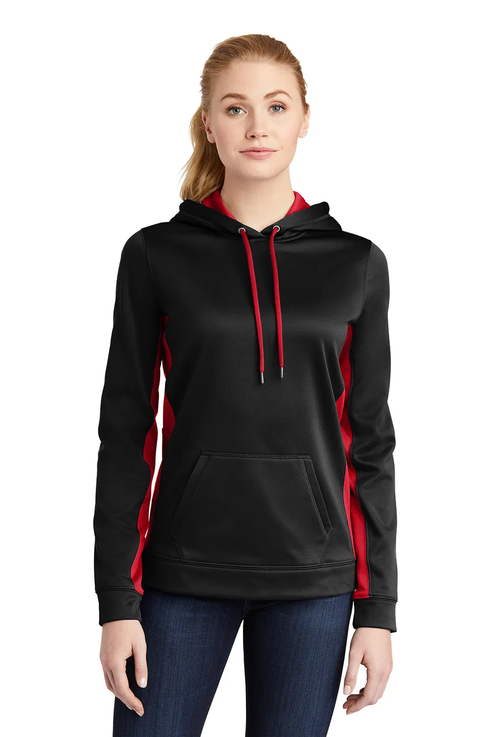 Sport-Tek Womens Sport-Wick Moisture Wicking Fleece Hooded Sweatshirt Hoodie w/ Pouch Pocket - Black/Deep Red - Closeout Clothing Sport-Tek