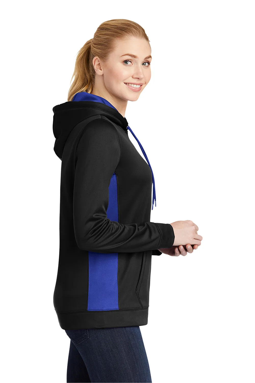 Sport-Tek Womens Sport-Wick Moisture Wicking Fleece Hooded Sweatshirt Hoodie w/ Pouch Pocket - Black/True Royal Blue - Closeout