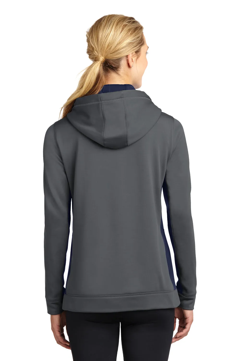 Sport-Tek Womens Sport-Wick Moisture Wicking Fleece Hooded Sweatshirt Hoodie w/ Pouch Pocket - Dark Smoke Grey/Navy Blue - Closeout