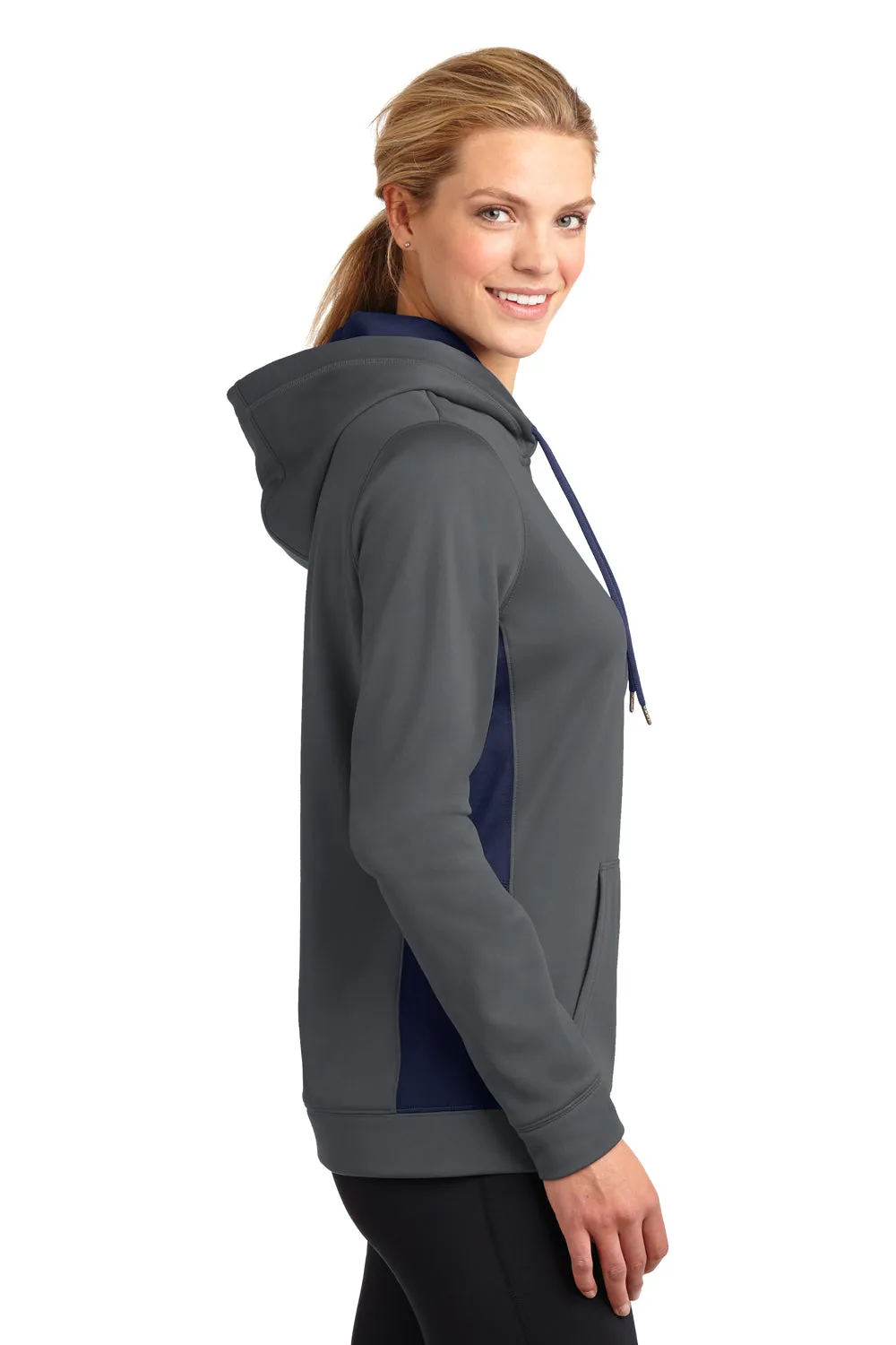 Sport-Tek Womens Sport-Wick Moisture Wicking Fleece Hooded Sweatshirt Hoodie w/ Pouch Pocket - Dark Smoke Grey/Navy Blue - Closeout