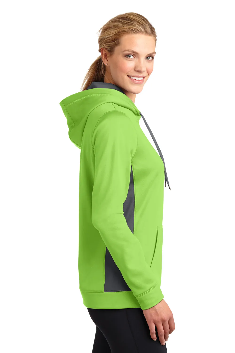 Sport-Tek Womens Sport-Wick Moisture Wicking Fleece Hooded Sweatshirt Hoodie w/ Pouch Pocket - Lime Shock Green/Dark Smoke Grey - Closeout