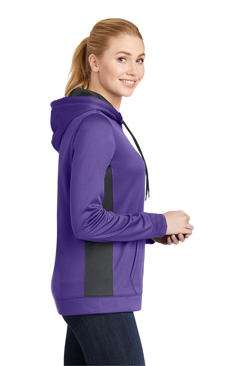 Sport-Tek Womens Sport-Wick Moisture Wicking Fleece Hooded Sweatshirt Hoodie w/ Pouch Pocket - Purple/Dark Smoke Grey - Closeout