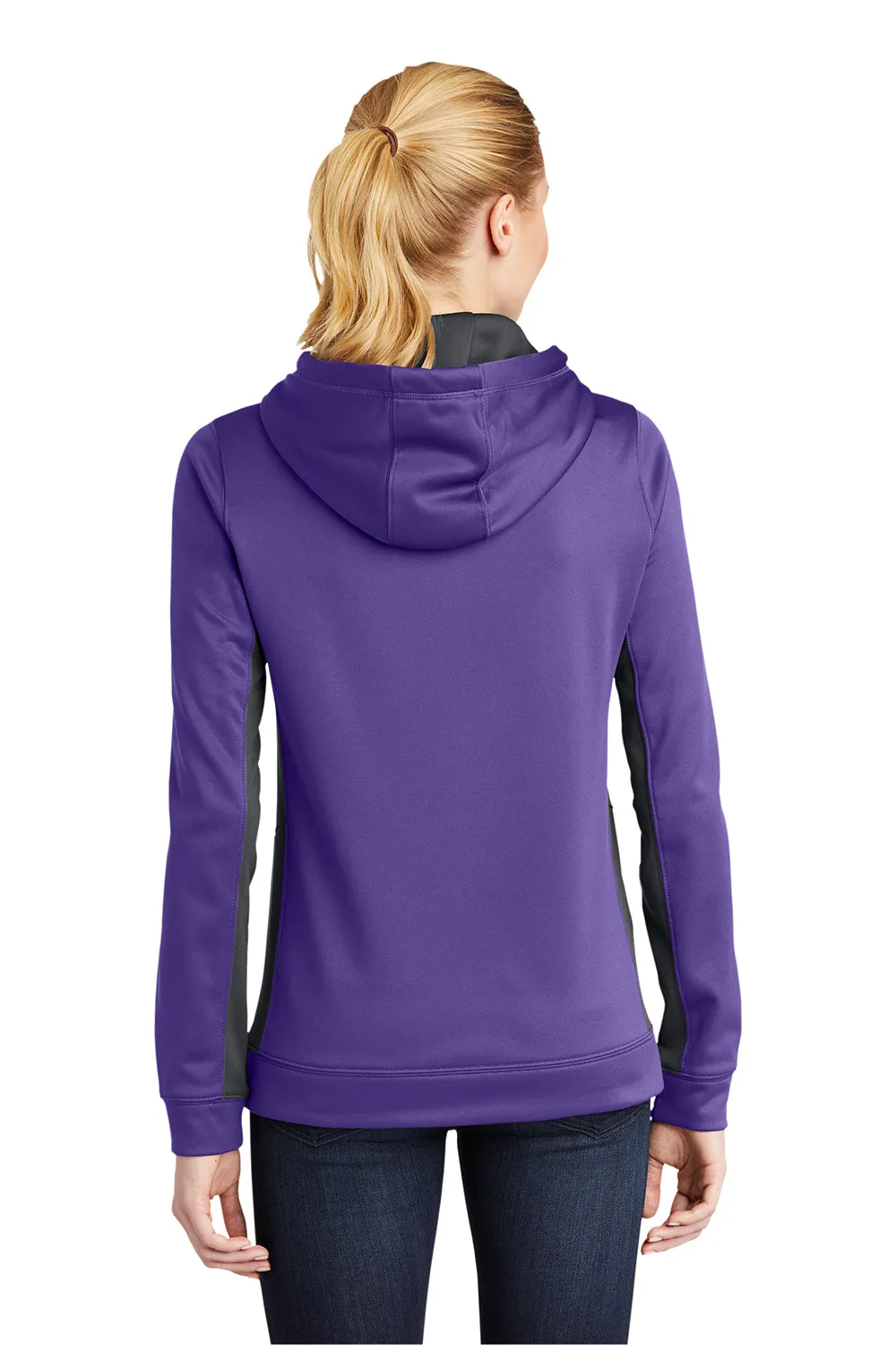 Sport-Tek Womens Sport-Wick Moisture Wicking Fleece Hooded Sweatshirt Hoodie w/ Pouch Pocket - Purple/Dark Smoke Grey - Closeout