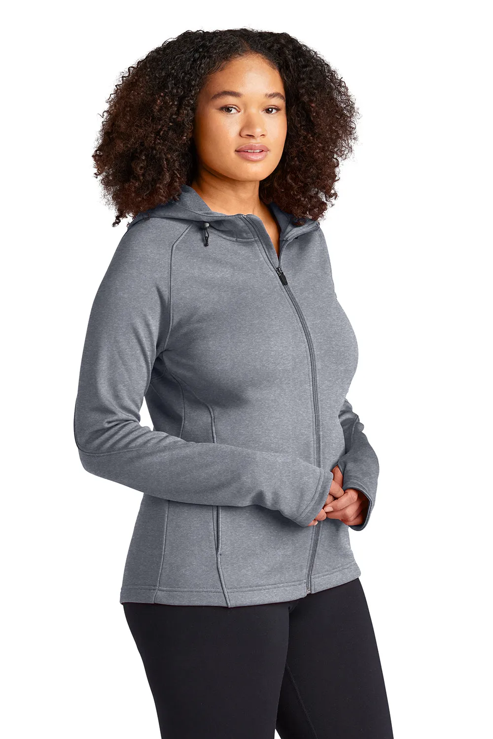 Sport-Tek Womens Tech Moisture Wicking Fleece Full Zip Hooded Sweatshirt Hoodie w/ Pockets - Heather Grey