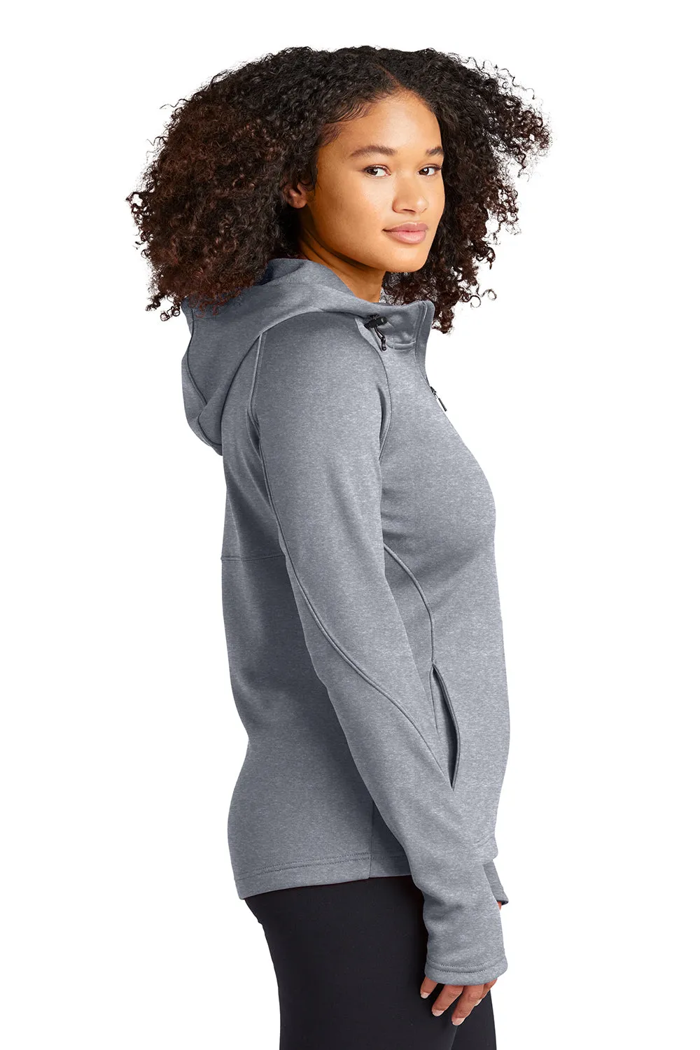 Sport-Tek Womens Tech Moisture Wicking Fleece Full Zip Hooded Sweatshirt Hoodie w/ Pockets - Heather Grey