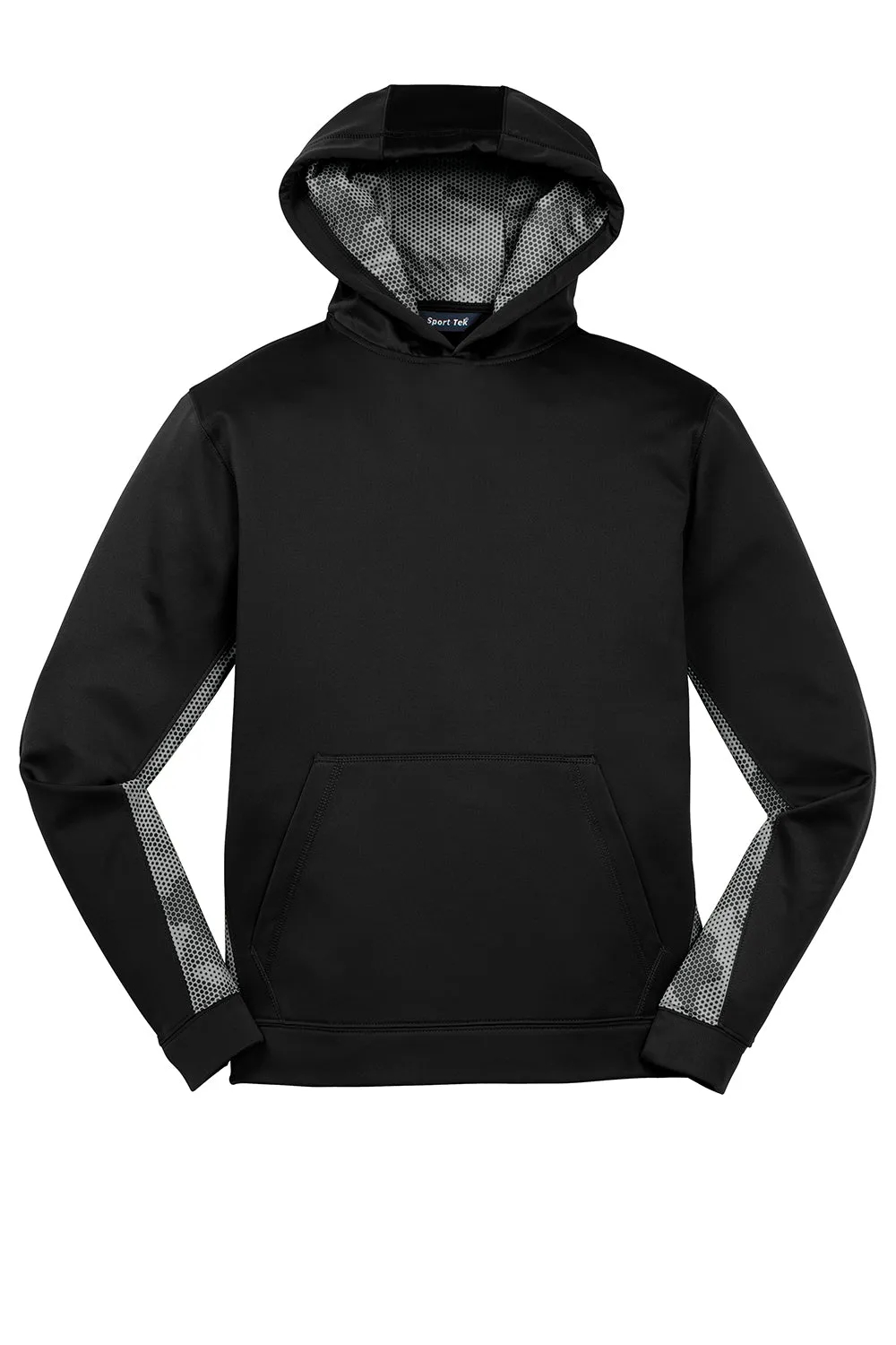 Sport-Tek Youth Sport-Wick CamoHex Moisture Wicking Fleece Hooded Sweatshirt Hoodie w/ Pouch Pocket - Black/Dark Smoke Grey